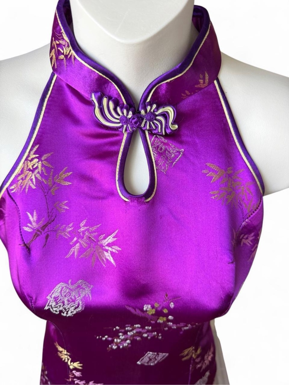 Purple Satin Halter Mini Cheongsam Dress - Picture 5 of 8